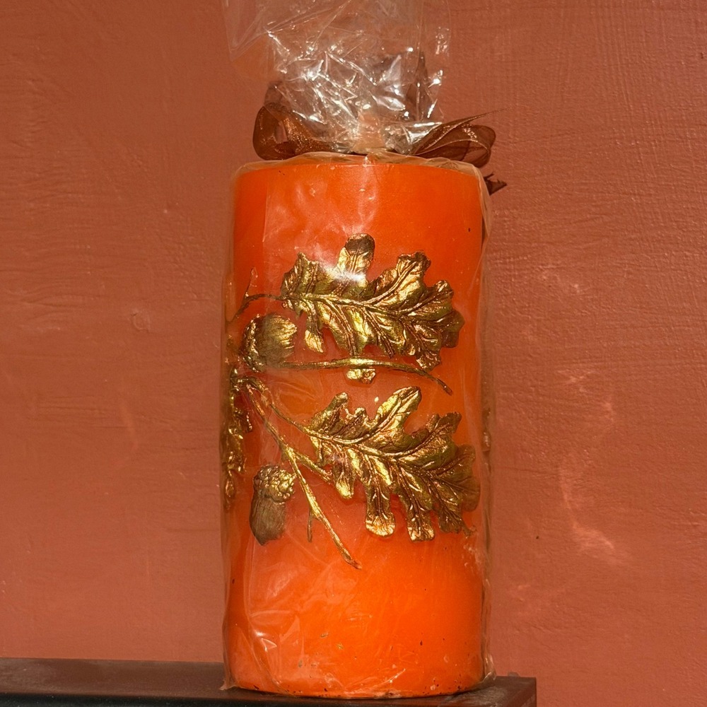 Siam Karat Pillar Candle 3x6 Orange New Gold Oak Leaf Acorn Fall Decor